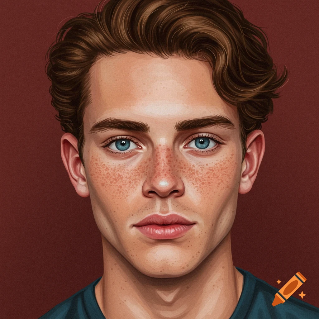 A close-up portrait of a young man with brown wavy hair, blue eyes, and freckles.