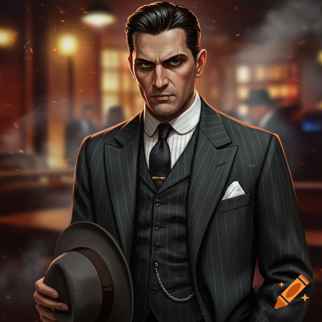 A stern man in a pinstripe suit holding a hat, depicting a gangster.