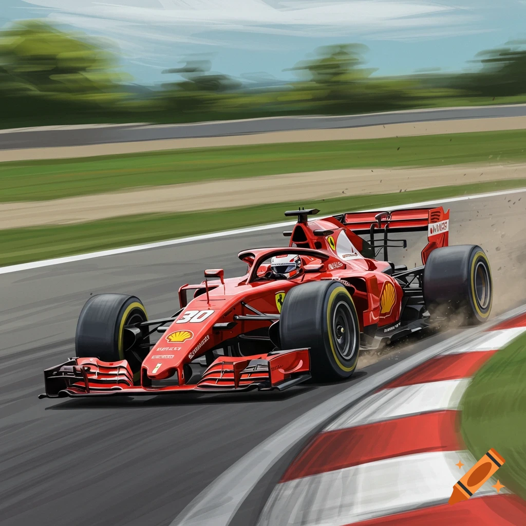 A red racing car speeds around a track.