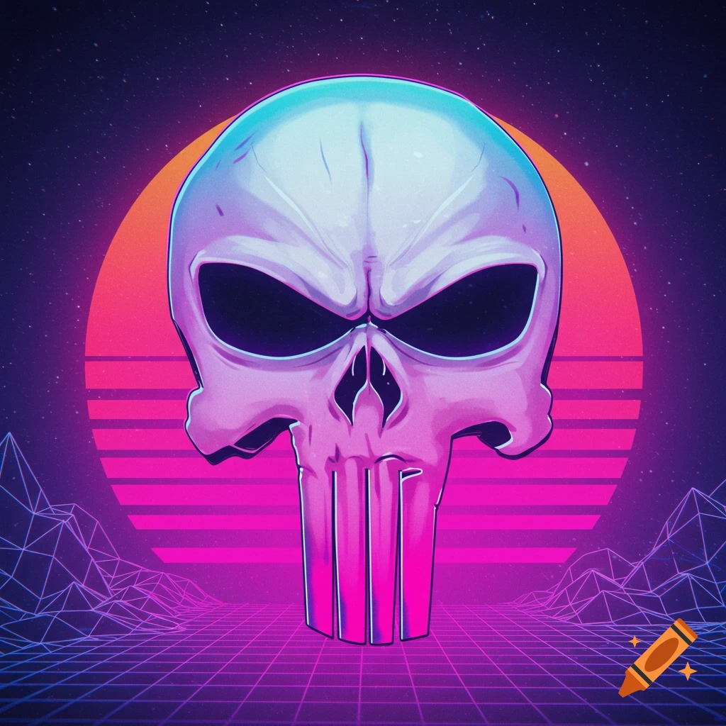 Stylized Punisher skull against a synthwave background with a sunset and grid landscape.