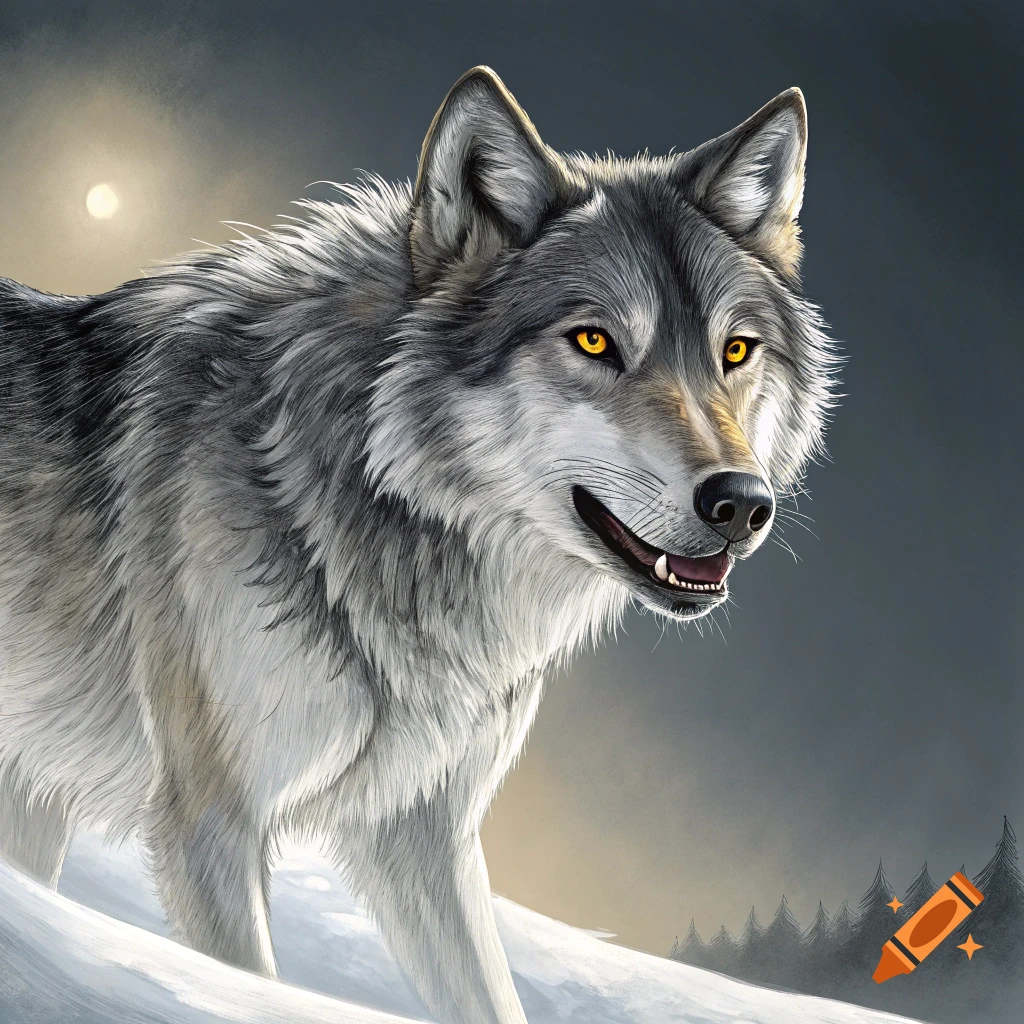 A grey wolf with glowing yellow eyes stands in snow under a moonlit sky.
