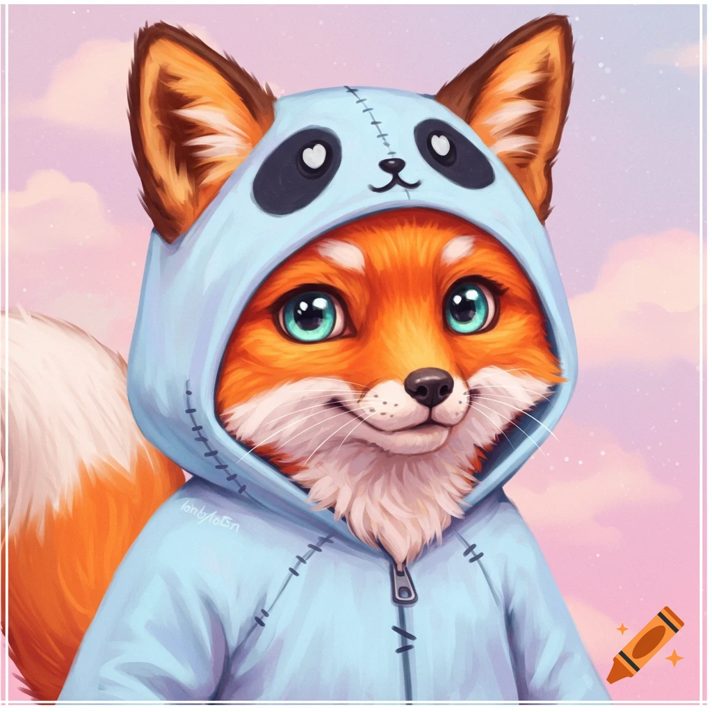 A fox is wearing a blue panda onesie.