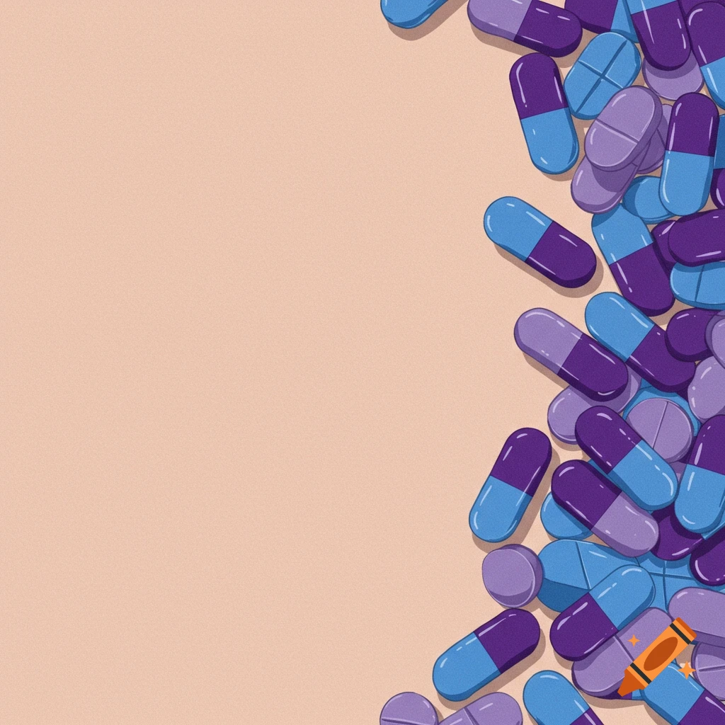 Pile of blue and purple pills and capsules on a light background, digital illustration