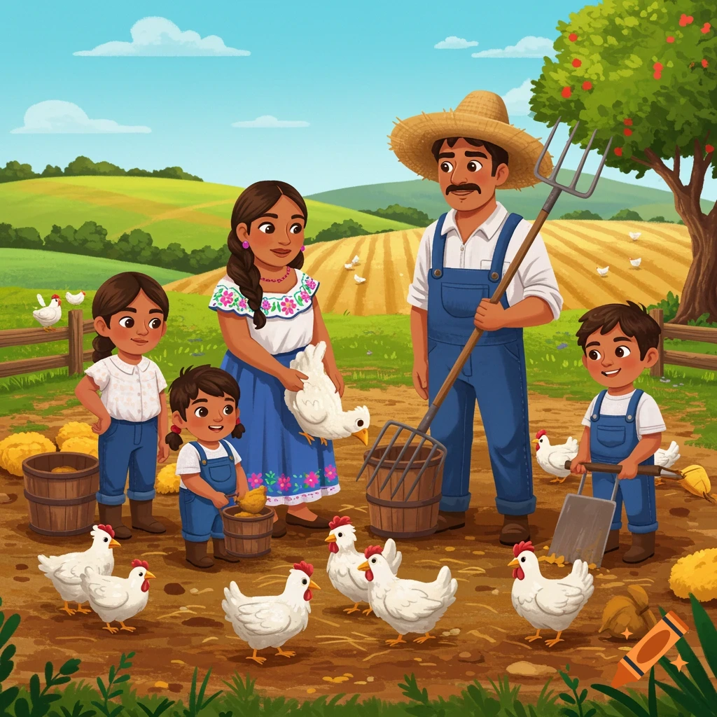 A cartoon illustration of a family and chickens on a farm.