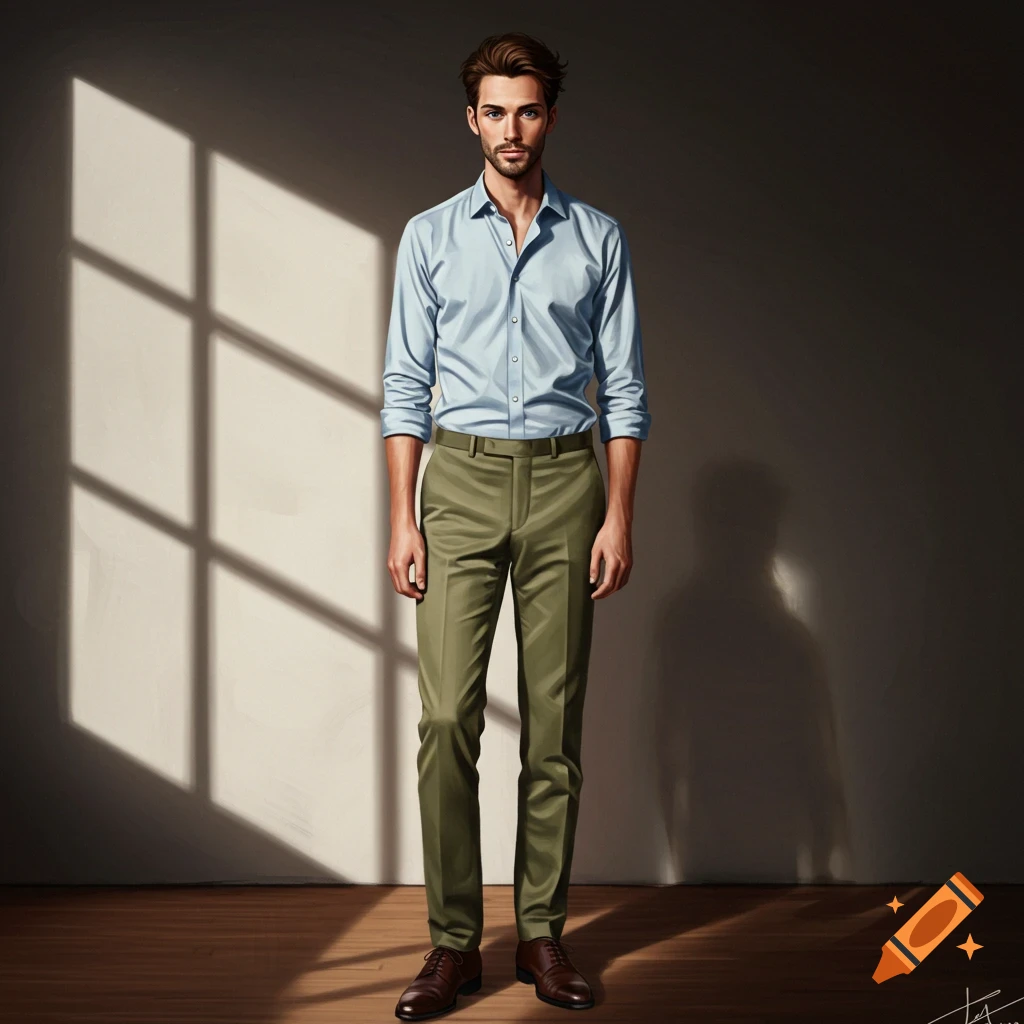 A man in a light blue shirt and khaki pants stands in a room with window shadows.