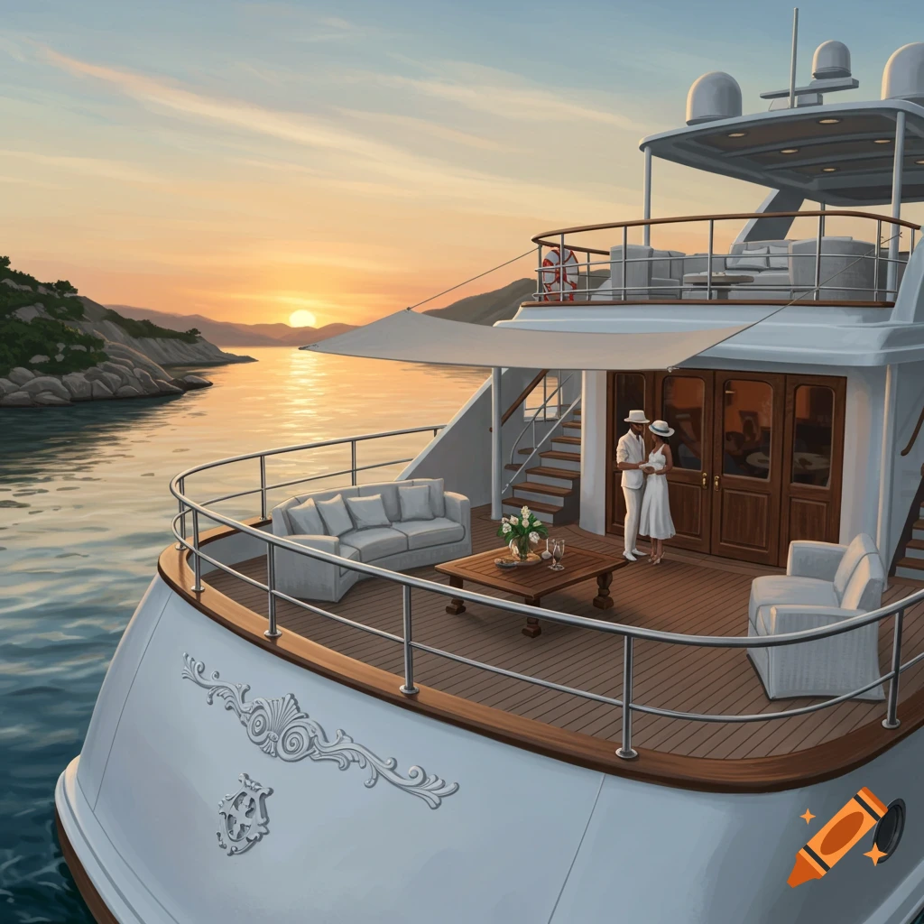 A grand white yacht with a couple on deck watching the sunset over the water.