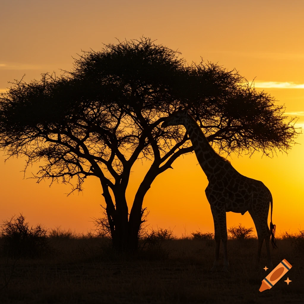 Silhouette of a giraffe reaching for an acacia tree against a vibrant sunset sky.