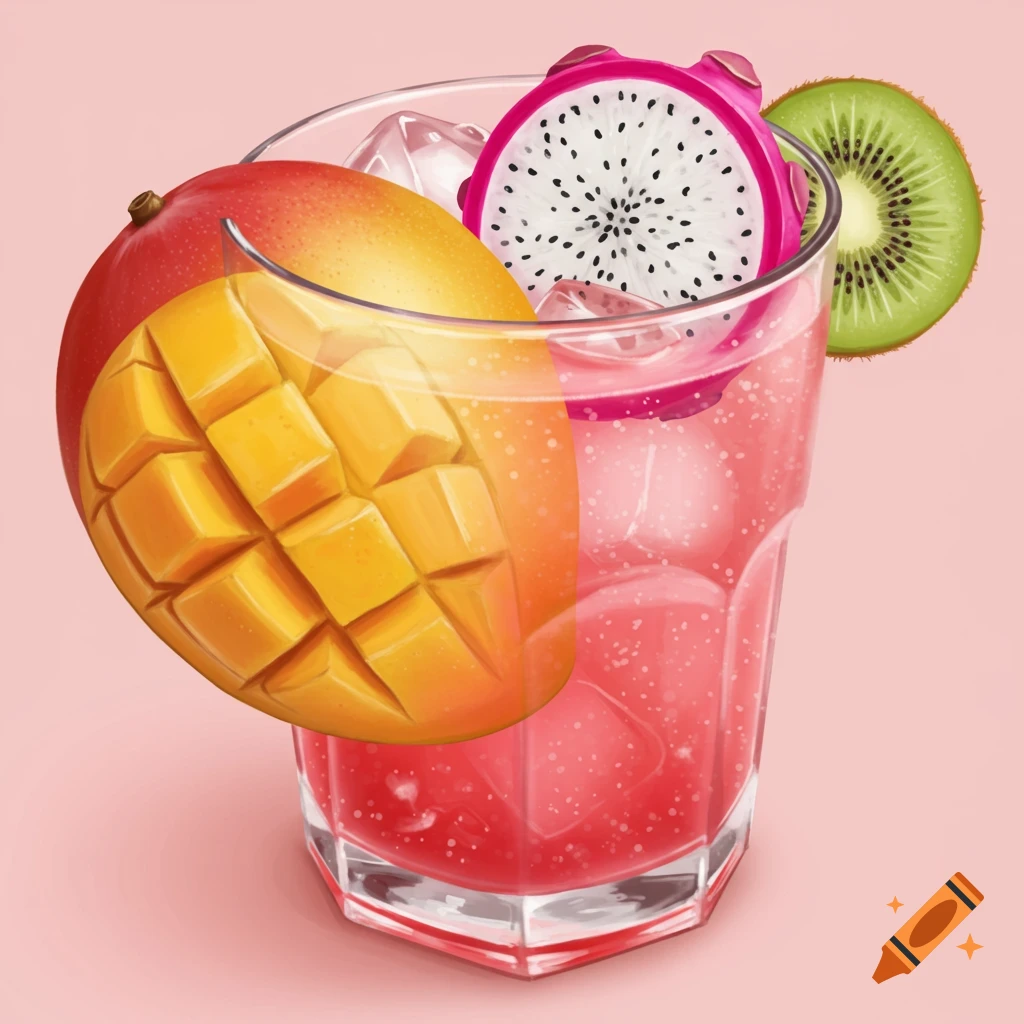 Fruit superimposed on a glass of pink drink with ice.