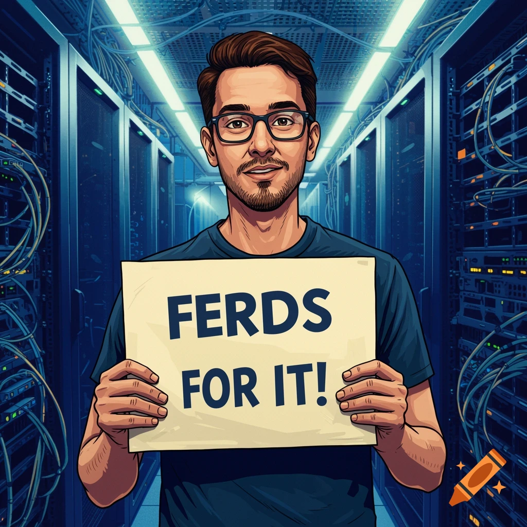 Pop art illustration of a man in a server room holding a sign that says 'Ferds for IT!'.
