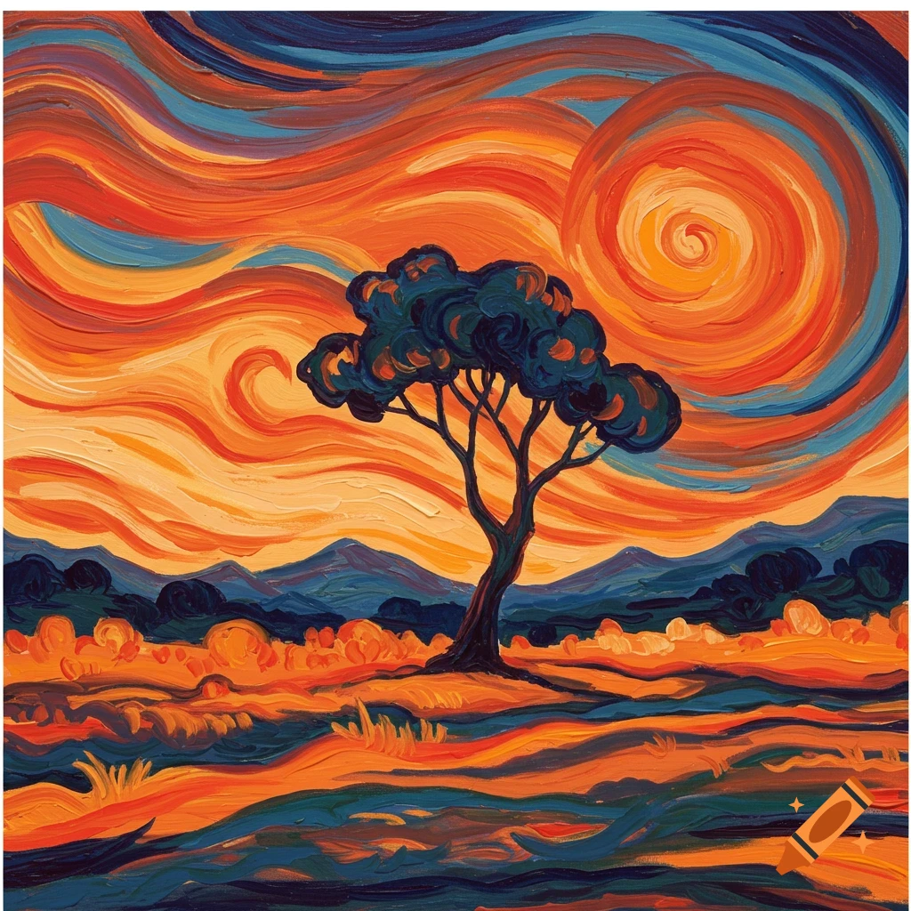 Vibrant Fauvism style painting of a tree against a swirling orange and blue sky.