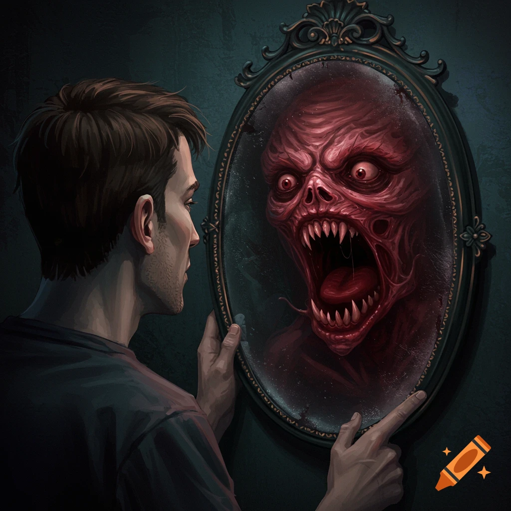 A man looks into a mirror reflecting a screaming monster.