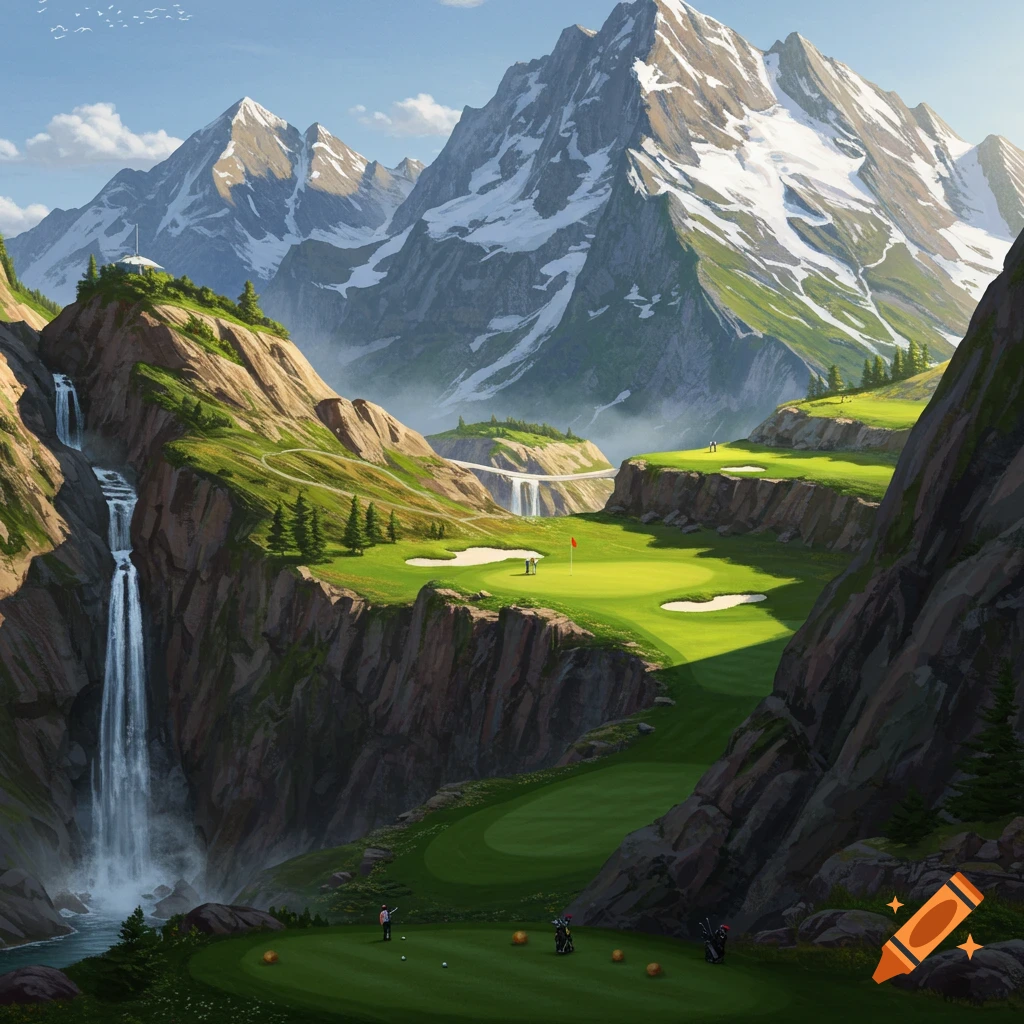 A golf course in a valley surrounded by snow-capped mountains and waterfalls.