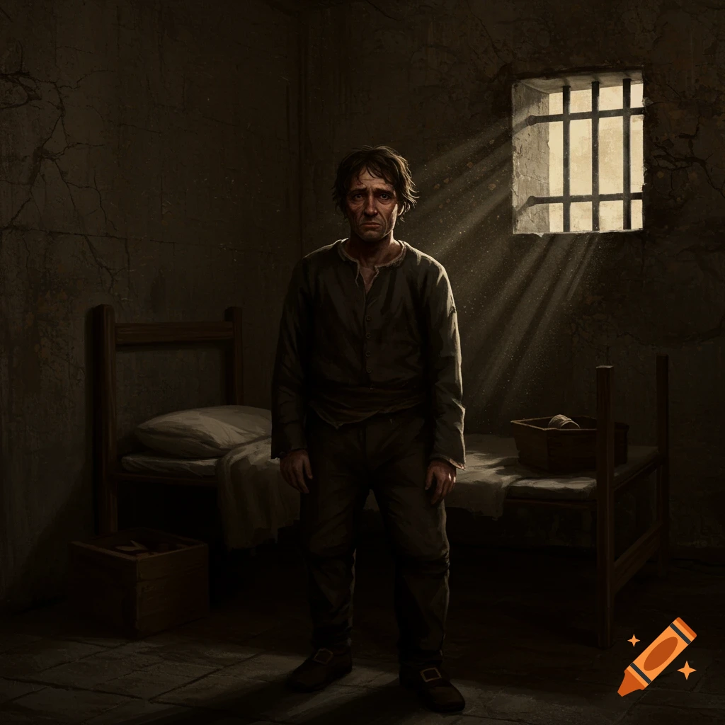 A sad man in historical clothing stands in a dimly lit prison cell, sunlight streams through a barred window.