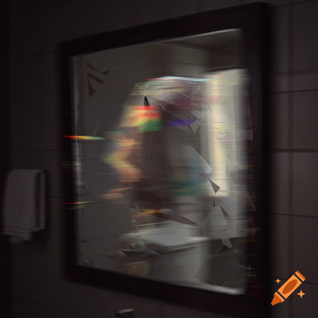 A distorted, glitchy reflection in a mirror.