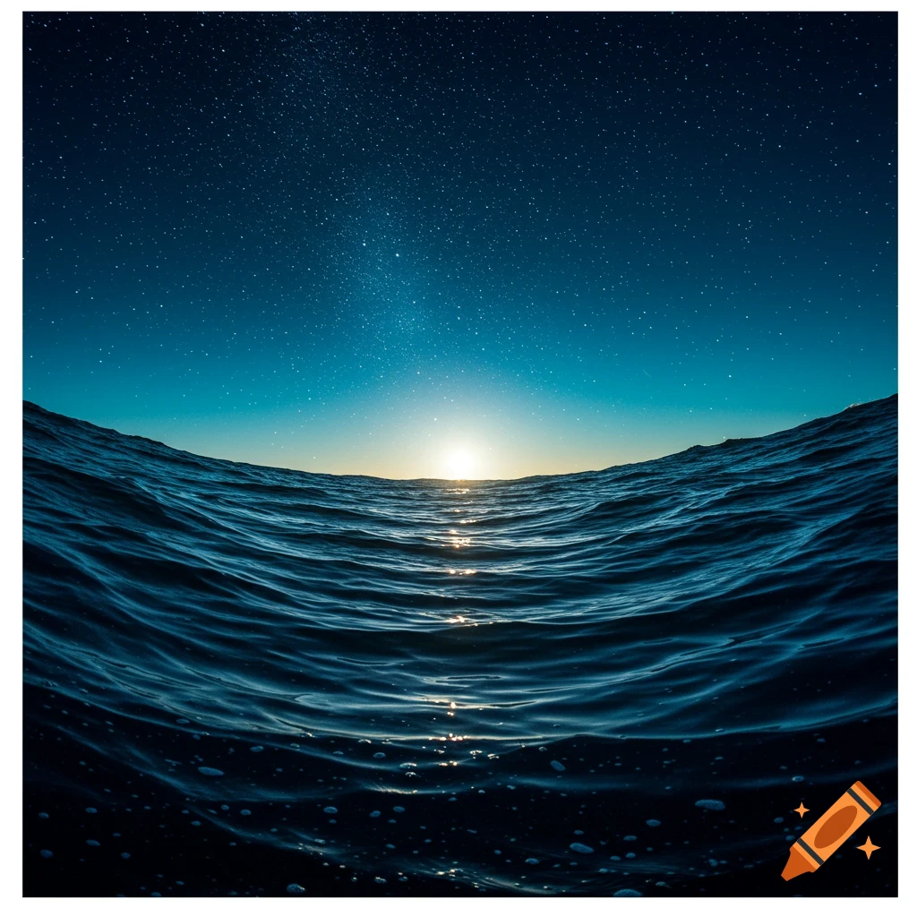 A starry sky above dark ocean waves with a bright sunrise on the horizon.