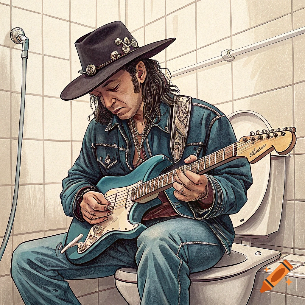 Illustration of Stevie Ray Vaughan playing a guitar while sitting on a toilet.