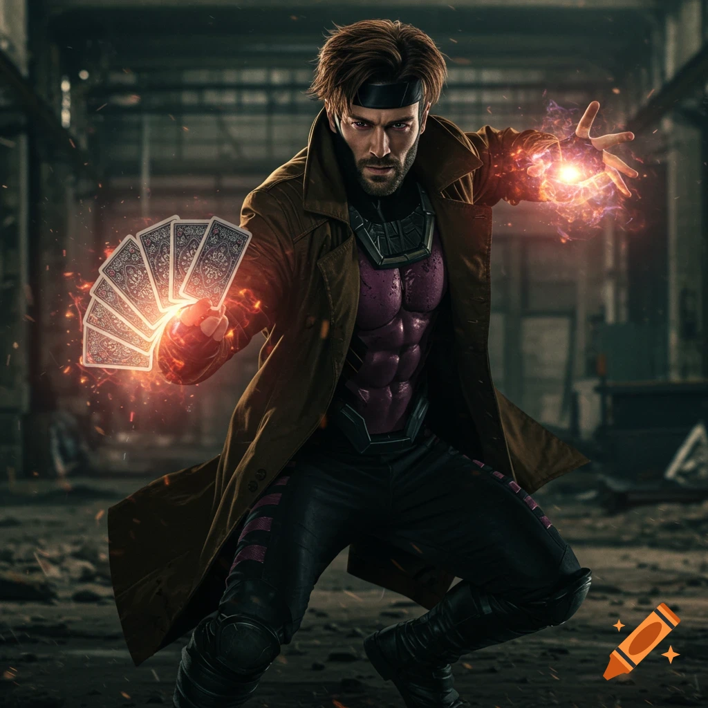 Gambit, the superhero, holding glowing charged playing cards in a dynamic pose in an industrial setting.