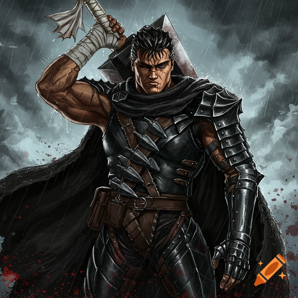 Guts from Berserk in black armor holding his large sword in the rain.