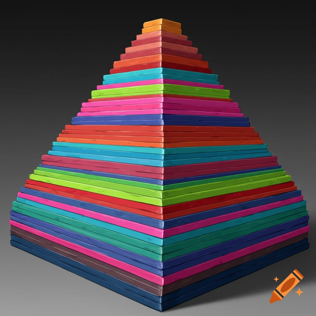 A colorful pyramid shape made of stacked layers of fabric or tape.