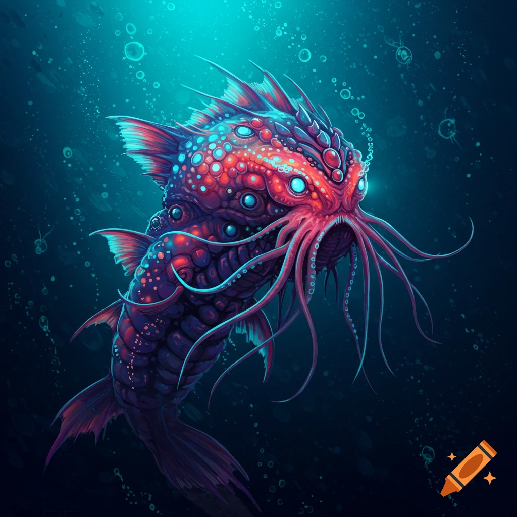 Strange deep-sea creature with tentacles and glowing blue and red eyes in the ocean.