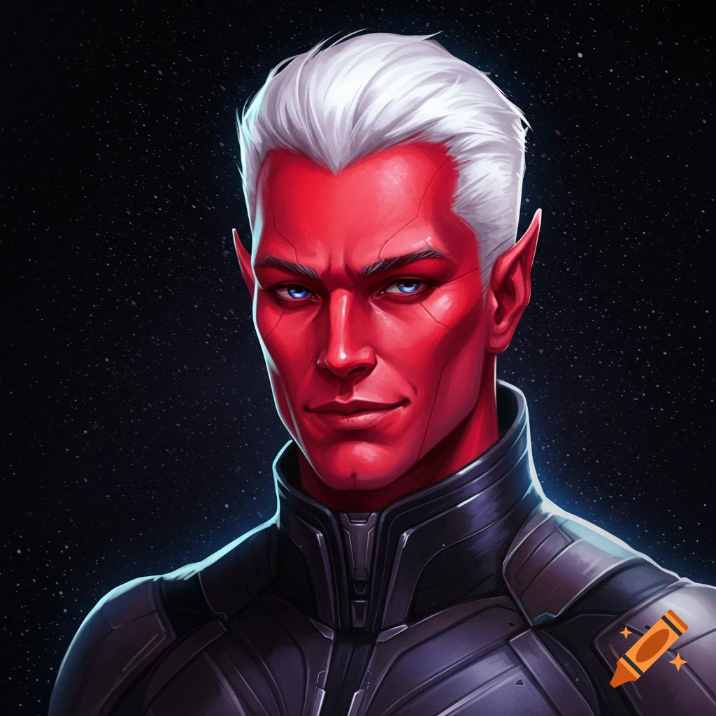A portrait of a red-skinned alien man with white hair, blue eyes, and black futuristic armor against a starfield.