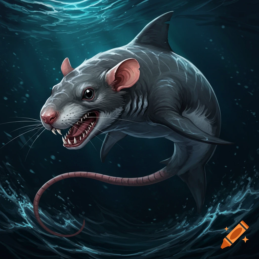 A shark-rat hybrid creature swims underwater.