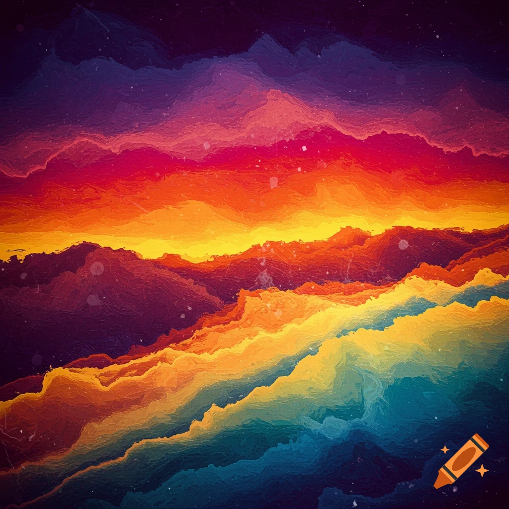 Abstract layered, colorful landscape resembling mountains or waves.