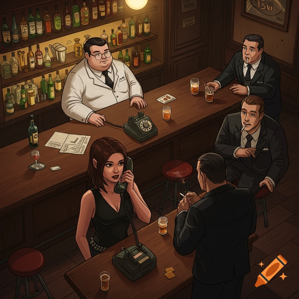 Cartoon style overhead view of a bar scene with a woman on a vintage phone, a bartender, and men drinking and smoking.