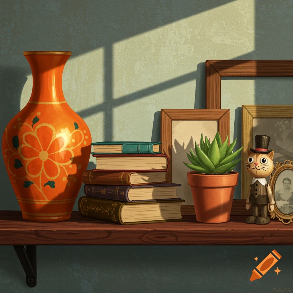 A shelf with books, an orange vase, a plant, picture frames, and a wooden cat figurine.
