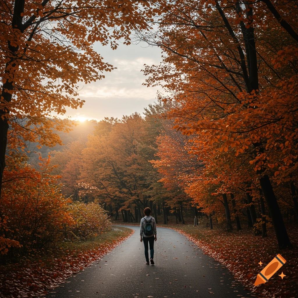 Person walking on a road through an autumn forest at sunset