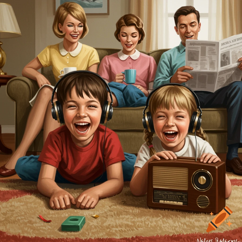 Smiling children with headphones listen to a radio; parents relax on a couch in a retro 1960s living room.
