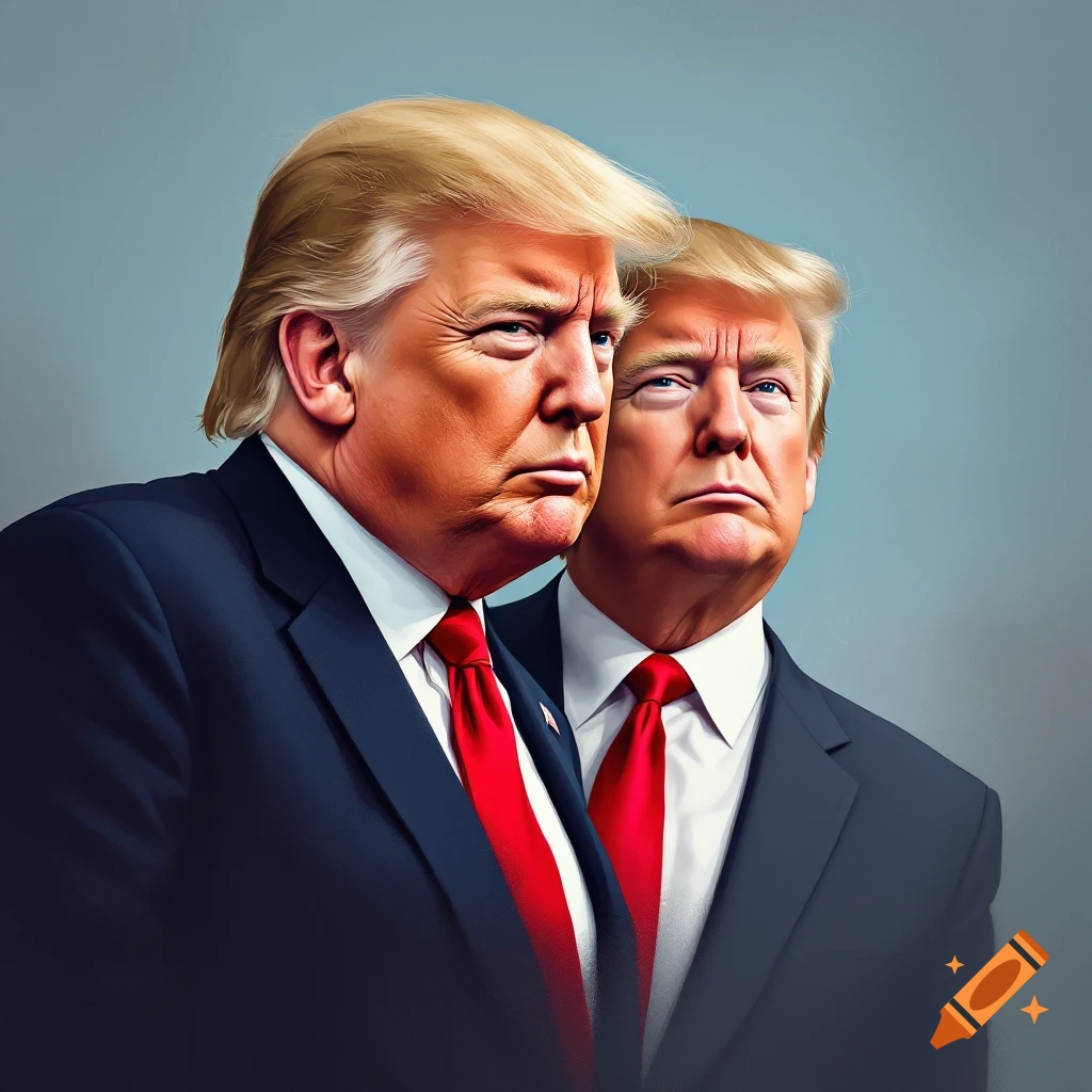 Two men resembling Donald Trump in suits