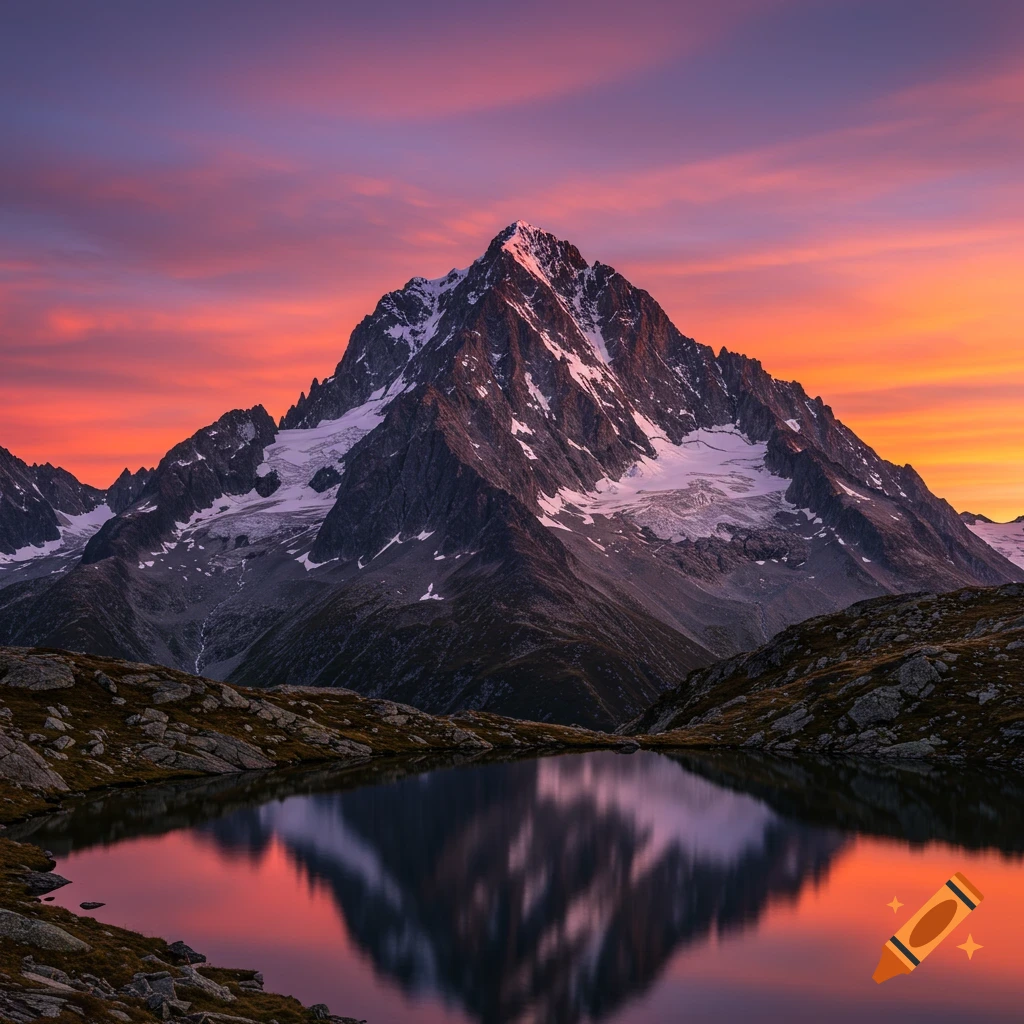 Snowy mountain peak reflected in a lake under a vibrant orange and pink sunrise sky. Photorealistic.