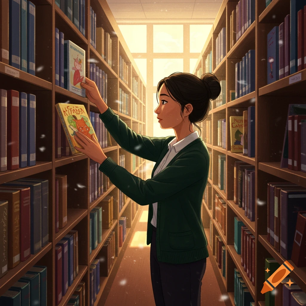 A woman shelving books in a library.