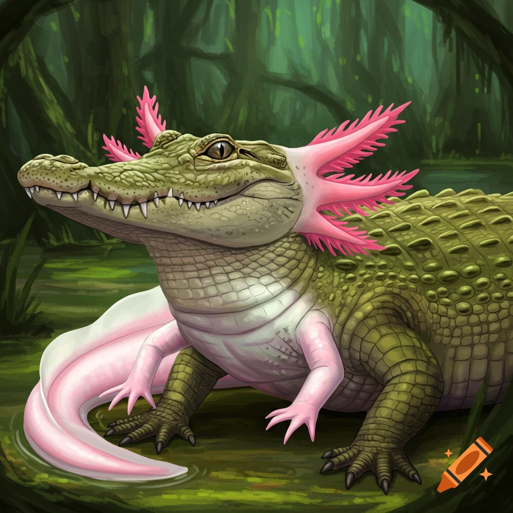 An alligator and axolotl hybrid creature in a swamp