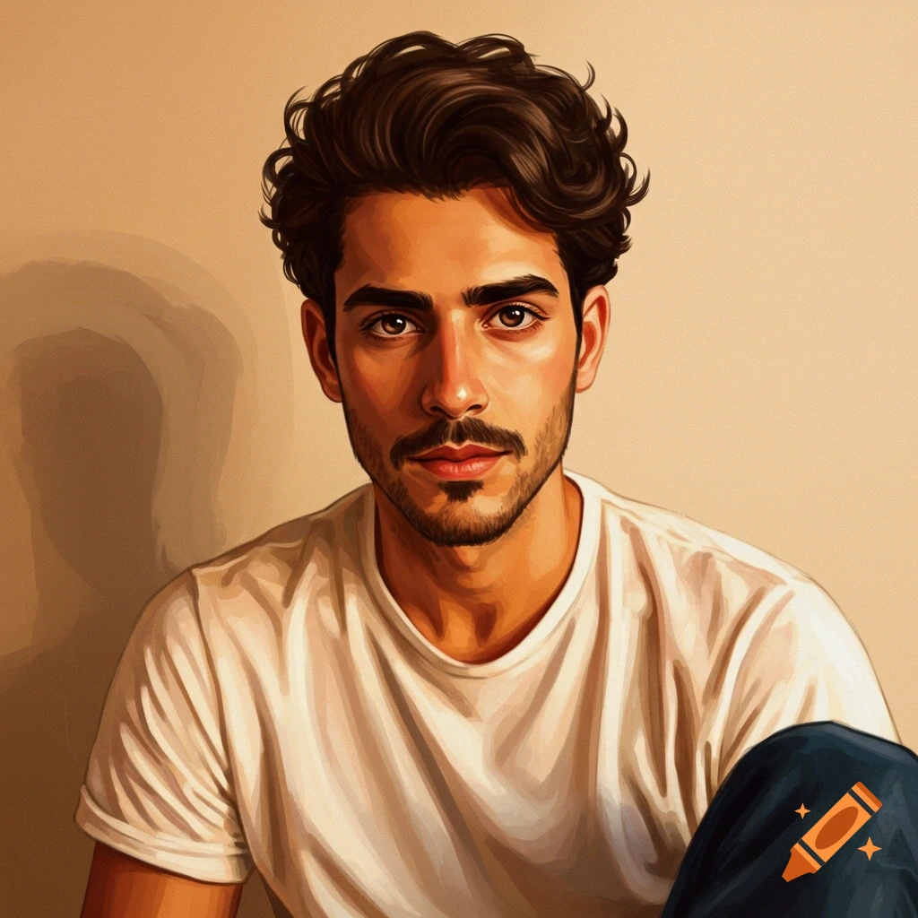 Portrait of a young man with curly hair and beard in a white shirt.