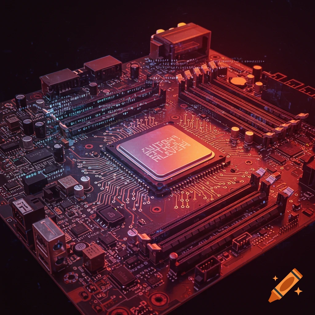 Close-up of a computer motherboard with glowing red circuits and digital code overlay.