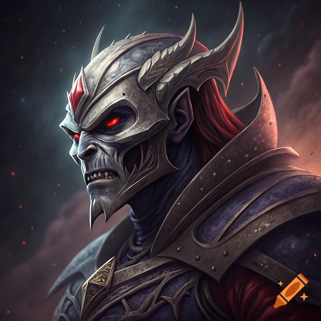 Close-up portrait of a fantasy character, possibly Hordak, in elaborate armor with red glowing eyes.