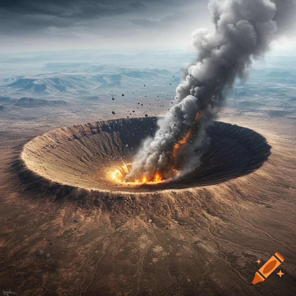 Aerial view of a massive earth crater with fire and smoke erupting from the center, sending rocks into the air.