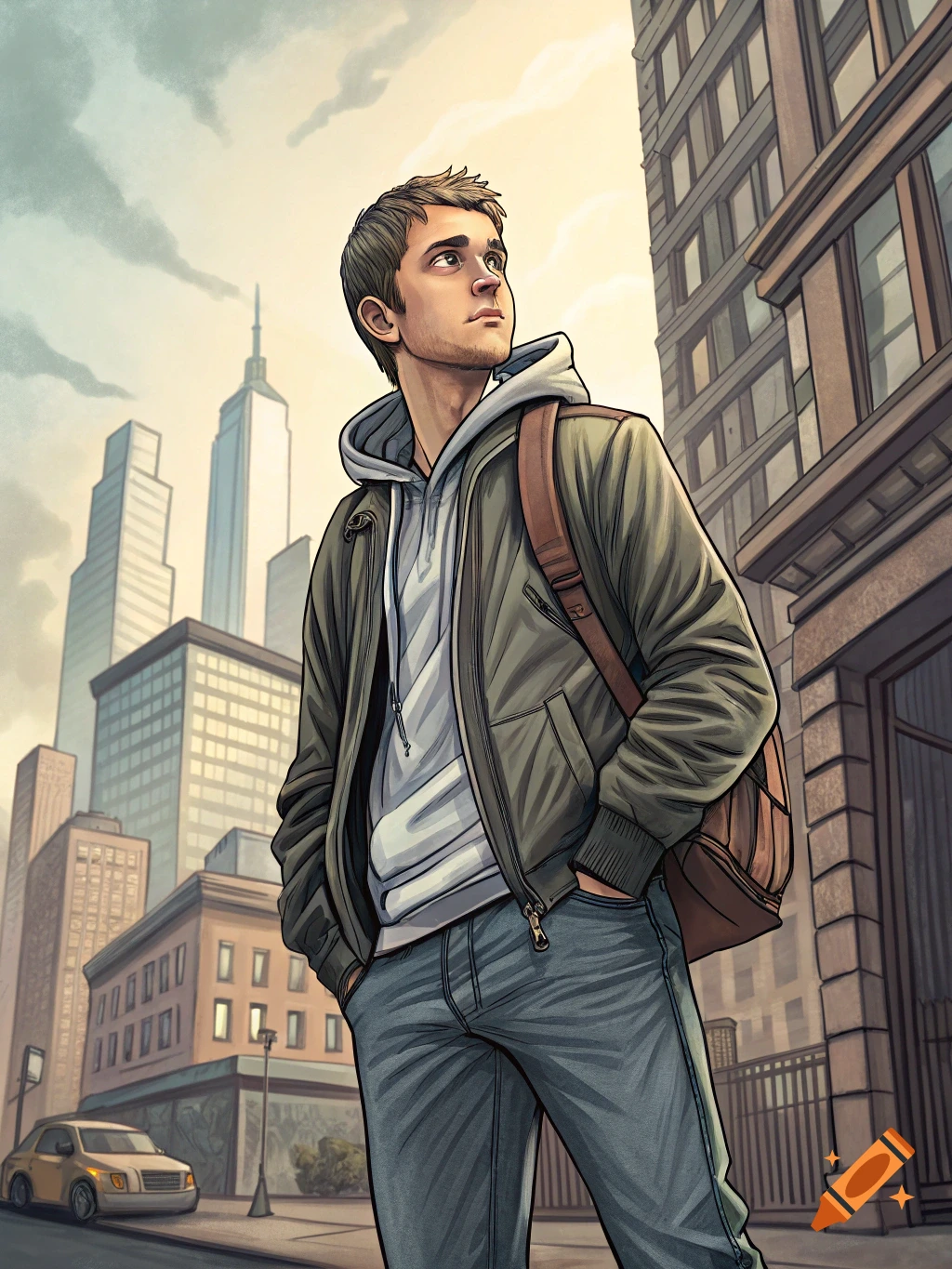 Stylized illustration of a young man with a backpack looking up in a city street.