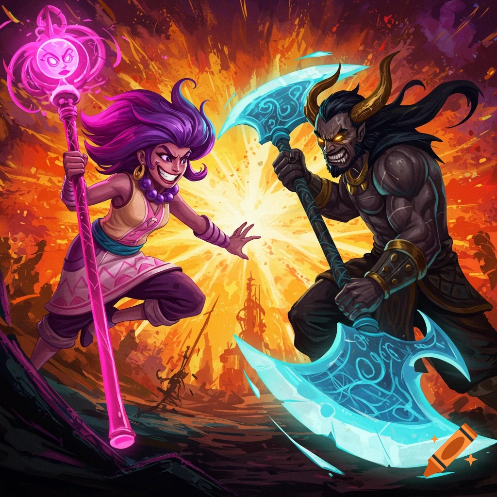 Two stylized fantasy characters battle with a staff and axe against an explosive background.