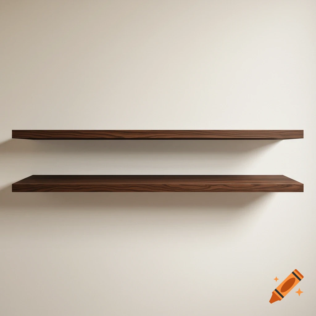 Two floating wooden shelves on a light-colored wall.