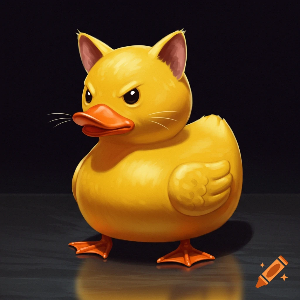 An angry yellow rubber duck with large cat ears.