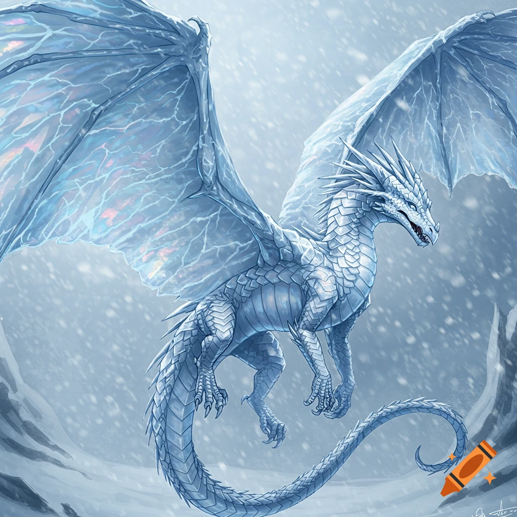 An ice dragon flying through a snowstorm.