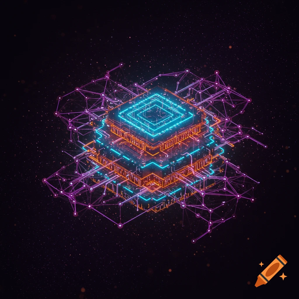 Abstract of a glowing futuristic processor or data network.