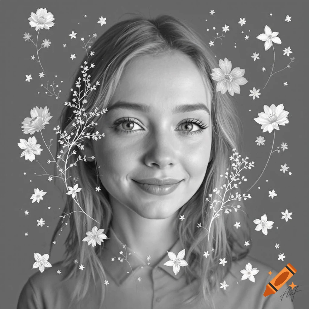 Black and white portrait of a smiling woman surrounded by white flowers and branches