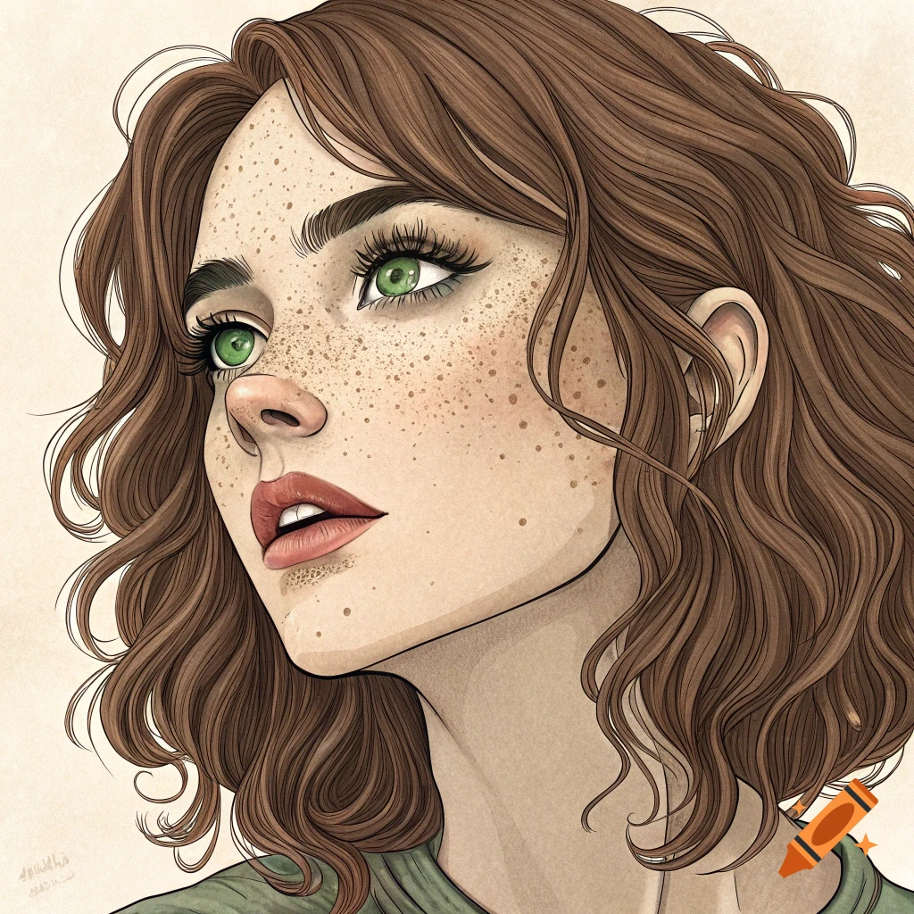 Close-up illustration of a woman with brown wavy hair, green eyes, and freckles, looking up and to the left.