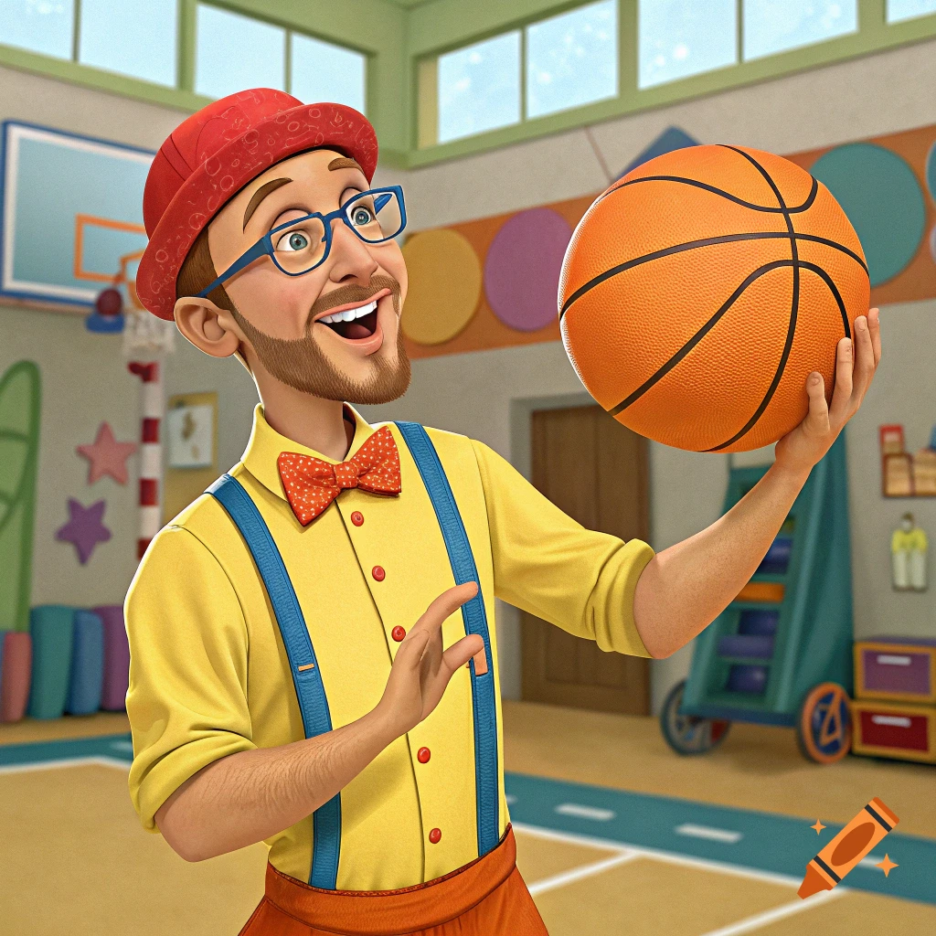 3D animation of a man resembling Blippi, in his signature outfit, holding a basketball in a colorful playroom.