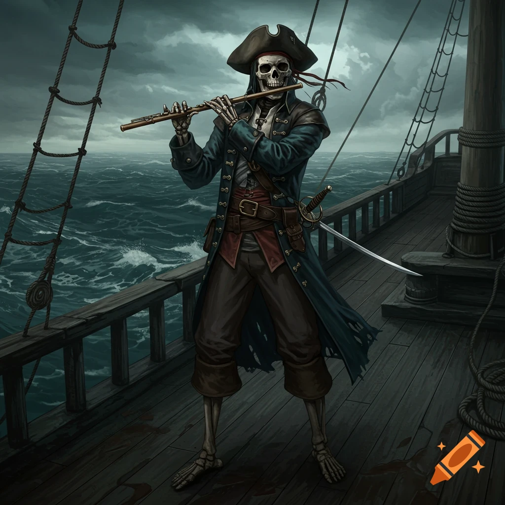 A skeleton pirate playing a flute on the deck of a ship.