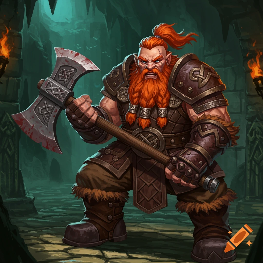A fierce dwarf barbarian with red hair and an axe in a cave.